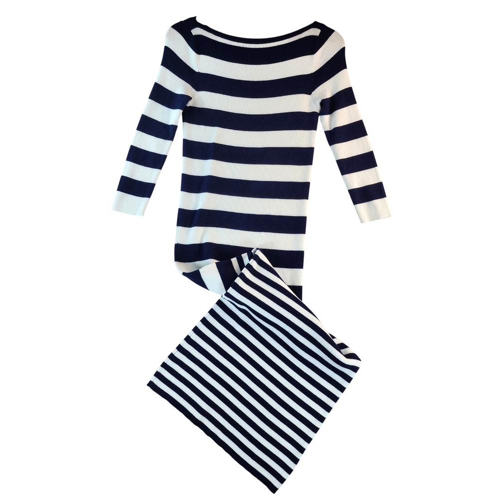 Lauren Ralph Lauren Midi Dress Women Small Blue White Striped Ribbed Cotton